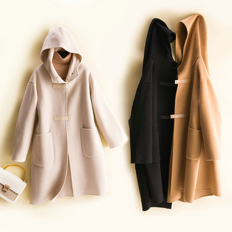 Hooded double-sided cashmere coat mid-length casual college style woolen coat double-sided nylon new style