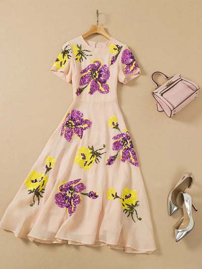 Delocah High Quality Spring Women Fashion Designer Party Midi Dress Short Sleeve Gorgeous Sequined Print Elegant Mesh Dresses