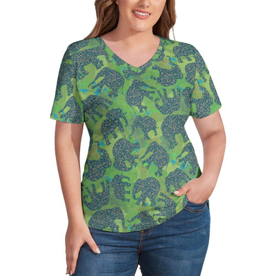 Neon Green Elephant T-Shirt Funny Animal Print Cool T Shirts V Neck Short Sleeve Trendy Tops Fashion Clothing Plus Size 2XL 3XL