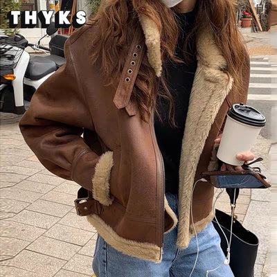 Winter Lambskin Coat Women&#39;s Made Leather Motorcycle Jacket Coat Ladies Loose High Street Retro Coat 2022 New Fashion