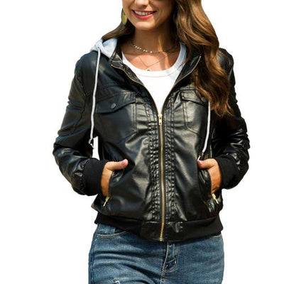Women Faux Leather Hooded Jacket Autumn Winter Drawstring Thickened Short Zip Coat Solid Color Windproof Outerwear