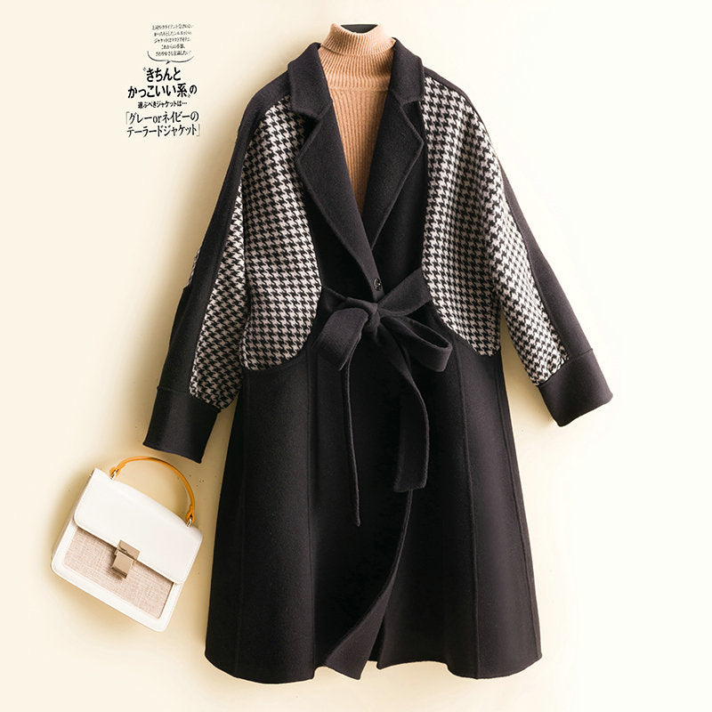 Long stitching contrast color wool double-sided woolen coat women&#39;s belt style woolen coat temperament large size suit collar