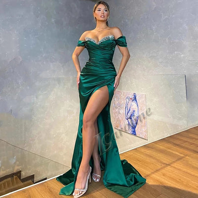 Caroline Mermaid Green Satin Evening Dress Long Off The Shoulder Crystal Split Pleated Vestidos Prom Gowns Party Custom Made