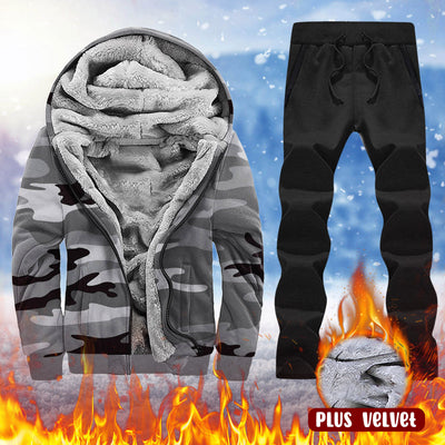 Men Winter Two-piece Suit Leisure Printed Hooded Plush Jacket Plus Fleece Jacket Coat With Solid Sport Pants Man Suit Costume