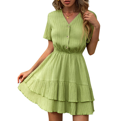 Everkaki Mini Dress Summer New V-neck Cake Skirt Single-breasted Short-sleeved High-waist Dress