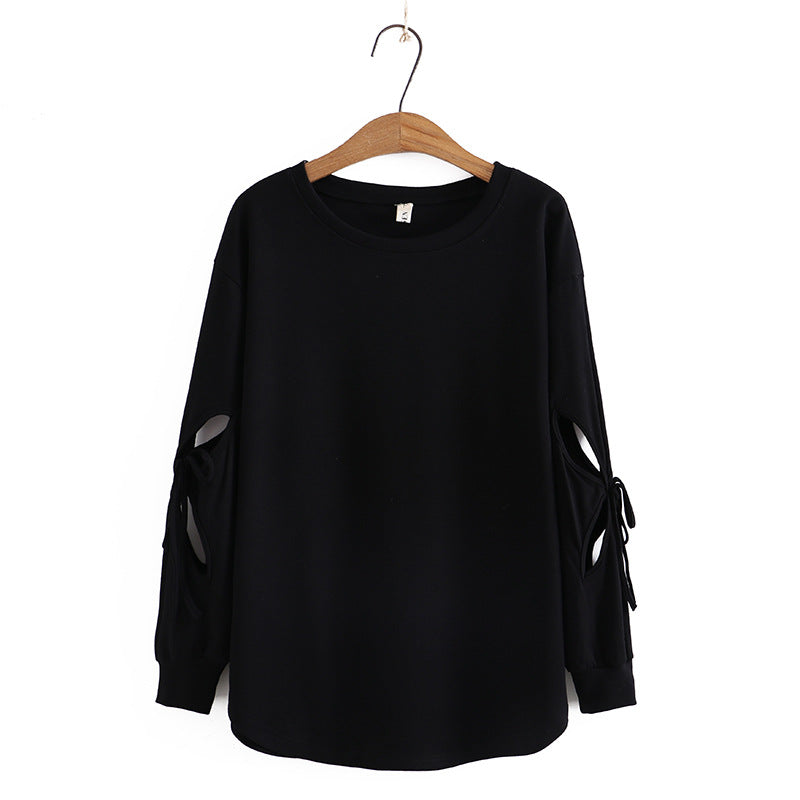 Hollow Out Women Tops Casual Plus Size Tops 3XL 4XL O Neck Lace Up Loose Long Sleeve T-shirts KKFY6294