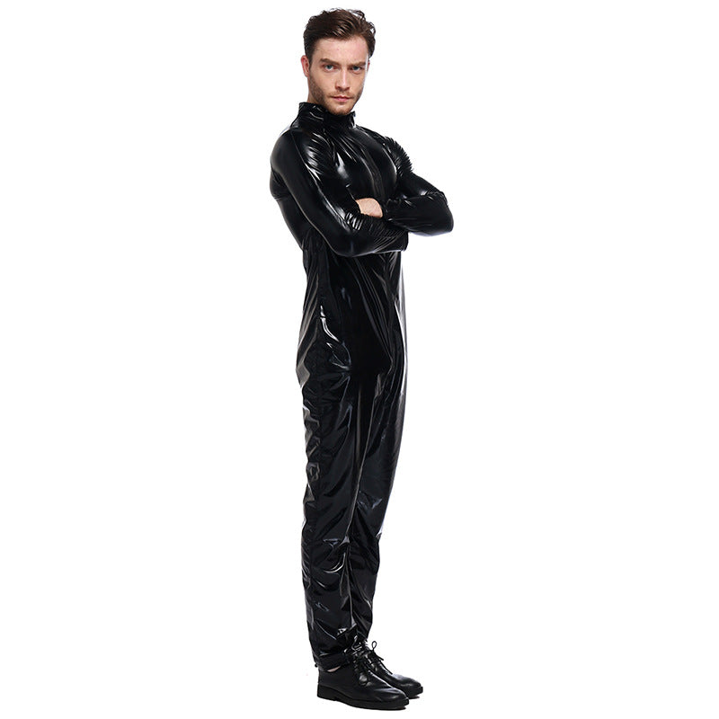 Men's Sexy Patent Leather Biker Jacket Tight Jumpsuit Black Plus Size S-XXXL Carnival Deguisement Halloween Cosplay Costumes