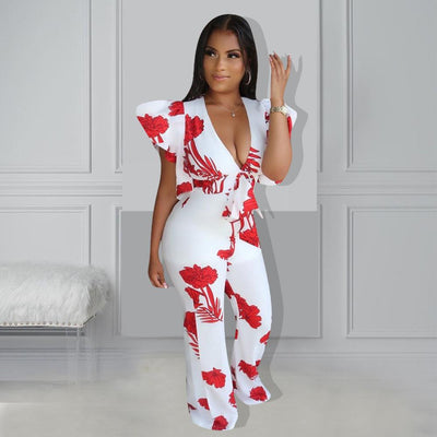 AHVIT Printed Ruffles Sashes Waist Skinny Women Jumpsuits Short Sleeve Deep V Neck Fashion Party Romper OF6290
