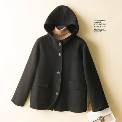 Double-sided cashmere hooded small coat woolen pure wool short women&#39;s coat small autumn and winter women&#39;s top