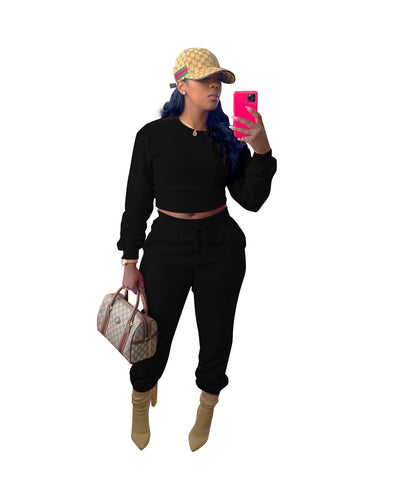 VT2182 Women&#39;s casual two-piece spring and autumn fashion  commuter solid color long-sleeved round neck trousers suit women