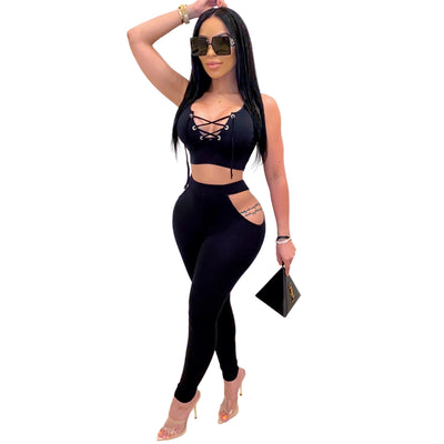 Summer Tracksuit Women Two Piece Set Hollow Out Crop Tops And Long Pants Set 2 Piece Joggers Set Sexy Sportswear Outfits