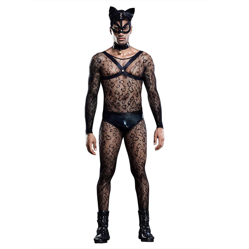 New Sexy cat man costumes cosplay outfit see through mesh bodysuit exotic apparel cat mask mens night club wear sexy costumes