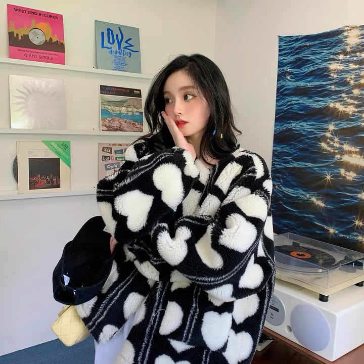 Heart Print Women Jacket Winter Warm Zipper Hooded Flannel Parka Harajuku Lambswool Sherpa Streetwear Loose Hoodie Coat