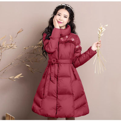 S-3XL 2022 New Fashion Winter Floral Embroidery Women Thicken Parkas Inside White Duck Jacket Coat Lady Slim Pocket Outwear