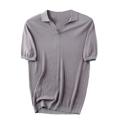 Knitted Cool Ice Silk Fabric Summer Thin Breathable Elastic Short Sleeve T-shirt Men's Business Casual Polo Shirt V-neck