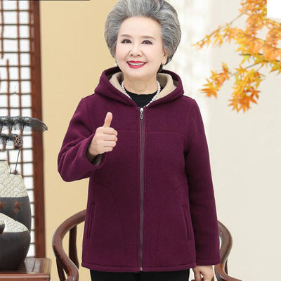 Middle-Aged Elderly Mothers Shake Grain Velvet Hooded Hoodie Coat 2021 New Spring Autumn Short Long Sleeve Slim Ladies Jacket