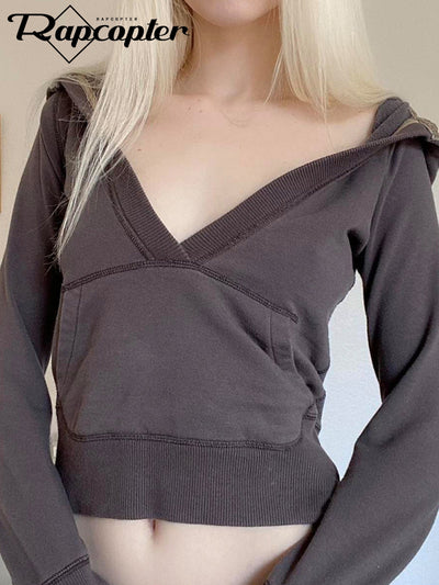 Rapcopter y2k Pockets V Neck Knitted Hoodie Full Sleeve Retro Pullovers Women Korean Prepply Harajuku Autumn Winter Outfits New