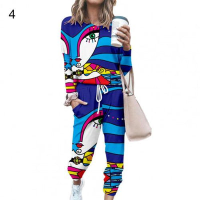 Abstract Pattern Print Women 2 Pieces Sets Casual O Neck Tops And Loose Pant Tracksuit Sets 2021 Autumn Women Style Streetwears