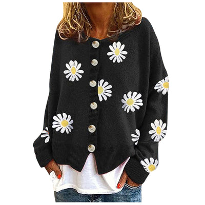 Casual Floral Printed Long Sleeve Knitted Cardigan Sweaterdames Vesten Lange Printing Sweaters Autumn Winter New Fashion