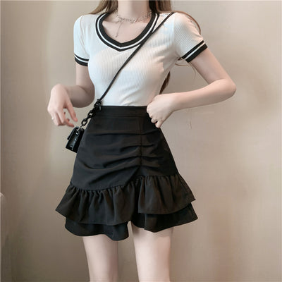 Women High Waist Ruffles Pleated Bodycon Skirts Female Pink Black Summer All-match Folds Irregular Slim A-line Cake Mini Skirt