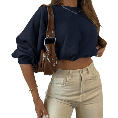 Women’s Casual Long-sleeved Spring Autumn Pullover Fashion Solid Color Loose Exposed Navel Sweatshirt Black/Grey/Brown