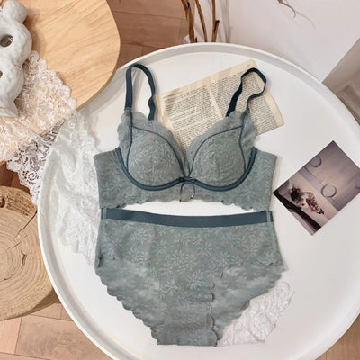 Sexy lace underwear set comfortable no steel ring bralette upper support gathers lingerie panty adjustable women's bra sets