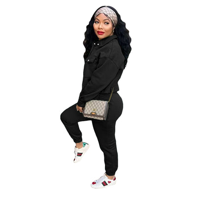 Adogirl Solid Fleece Two Piece Set Turn Down Collar Long Sleeve Single Breasted Pockets Jackets Top Drawstring Pants Suit