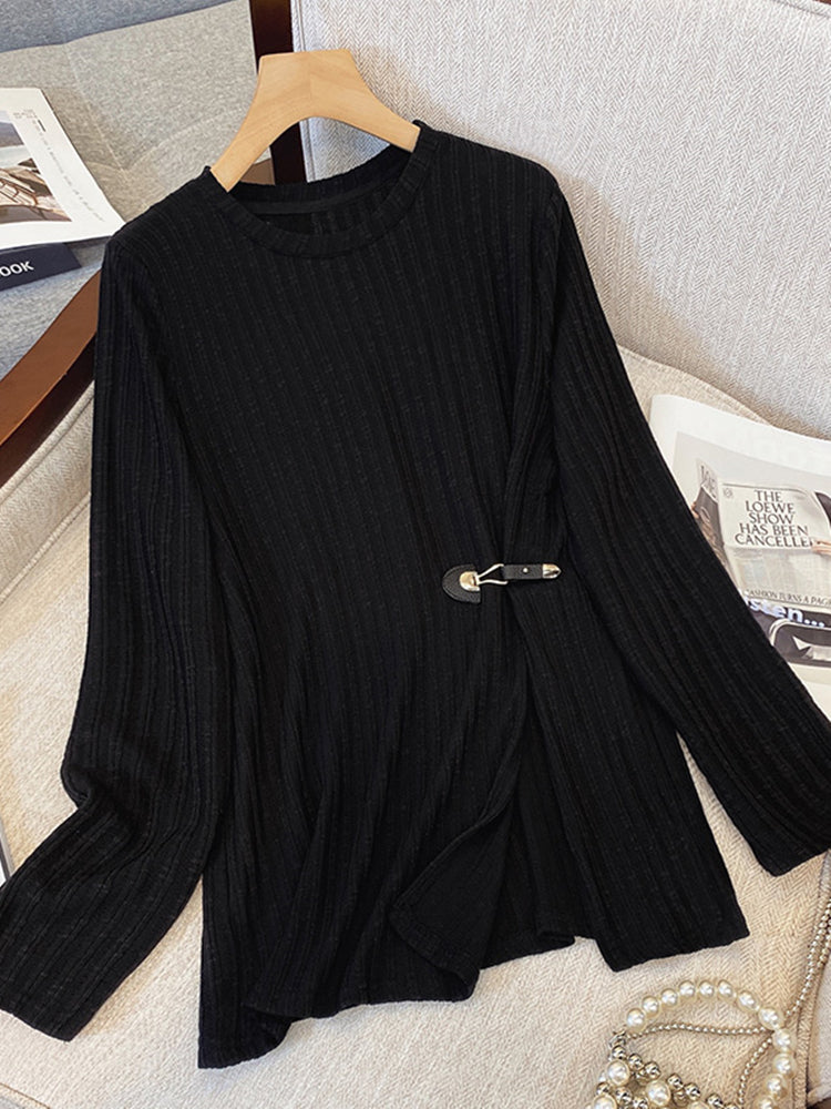 Plus Size Spring Autumn Loose Long Sleeve Striped Knitted Tshirt Woman 2022 New Fashion Casual T Shirt Ladies Knit T-shirt Tops