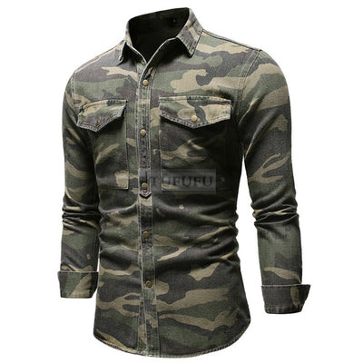 2022 Spring Autumn Camouflage Denim Shirt for Man Army Green Long Sleeved Loose Jeans Shirts Men&#39;s Blouse