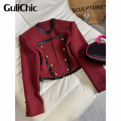 9.16 GuliChic Women Vintage Temperament Contrast Color Houndstooth Double Breasted Wool Short Jacket