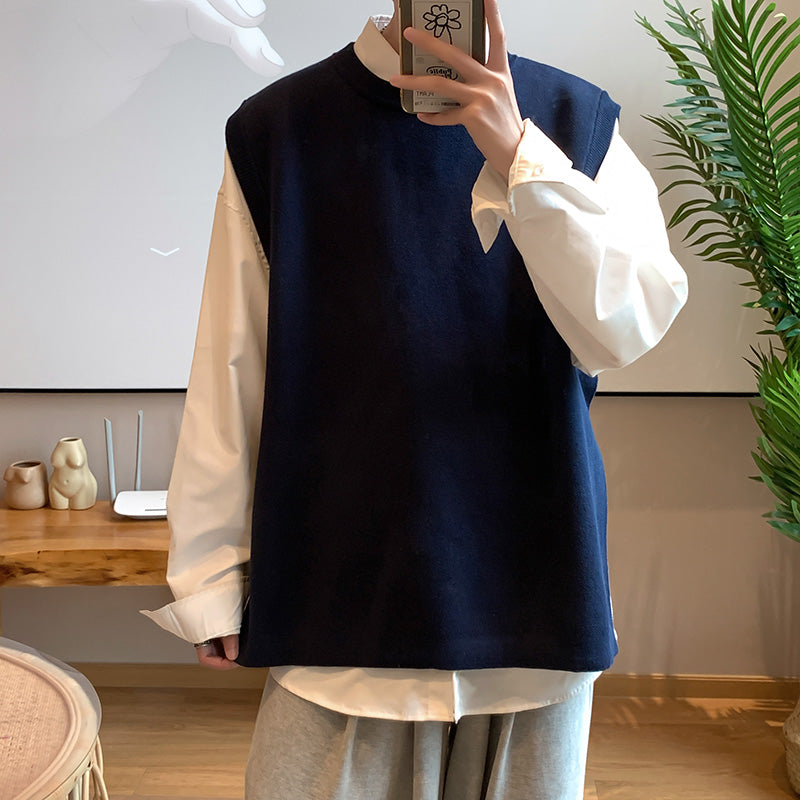 J GIRLS Men Sweater Vest O-neck College Teens All-match Korean Japanese Streetwear Baggy Pure Color Handsome Casual Knitting Ins