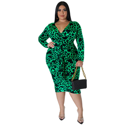 XL-5XL Plus Size Dresses For Women Clothing Fall Sexy Leopard Long Sleeve V Neck Hip Wrap Lady Outfits Dropshipping Wholesale