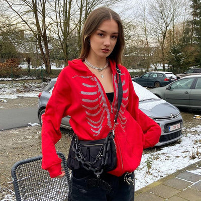 Y2K Rhinestone Skeleton Hoodies Female Gothic Hooded Jacket Women Black and Red Zip Up Oversized Sweatshirts Harajuku Streetwear
