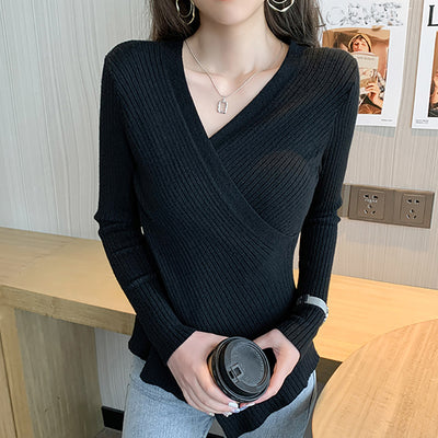 V Neck Pullover Women Sweater Irregular Knit Sweaters Long Sleeve Top Korean Style Woman Clothes Autumn Jumpers Sueters De Mujer