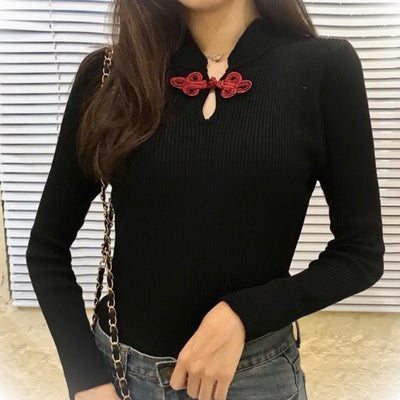Retro Chinese Style Knitted Sweater Women Disc Button Hollow Slim Long-sleeved Bottoming Shirt Top