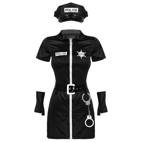 Women Halloween  Officer Cosplay Sexy Costume Roleplay Cop Uniform Bodycon Mini Dress with Hat Badge Belt Gloves and Cuffs