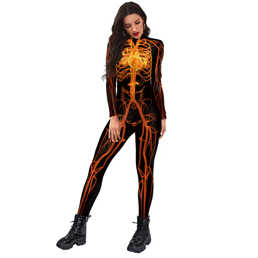 Fashion Women Cosplay Human Body Orange Meridian Tights Aldult Performance Suit Digital Print Jumpsuit Scary Role Costumes 2022