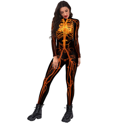 Fashion Women Cosplay Human Body Orange Meridian Tights Aldult Performance Suit Digital Print Jumpsuit Scary Role Costumes 2022