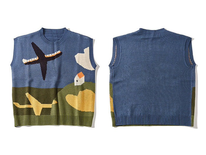 Harajuku Streetwear Knitted Sweaters Vest Men Cartoon Print Airplane Sleeveless Sweater Men Autumn Casual Couple Knitwear Tops