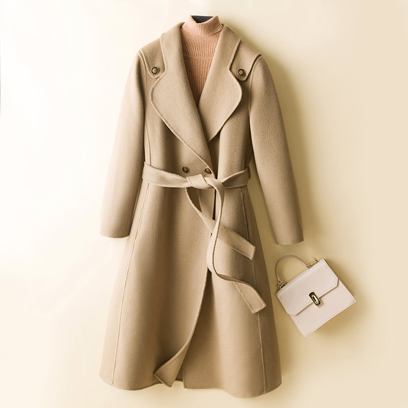 Double-sided cashmere women&#39;s coat woolen coat pure wool mid-length over-the-knee lace-up suit collar loose trench coat