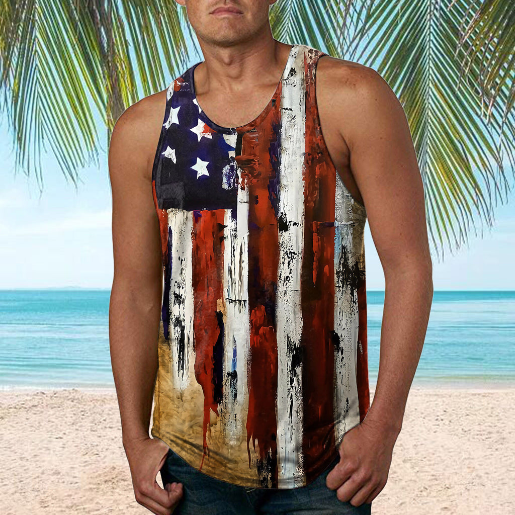 Long Sleeve Mens Shirts Flag Spring Casual Blouse Printed O Beach Summer Sleeveless Men Neck Tops Tank Men&#39;s Tank Tops