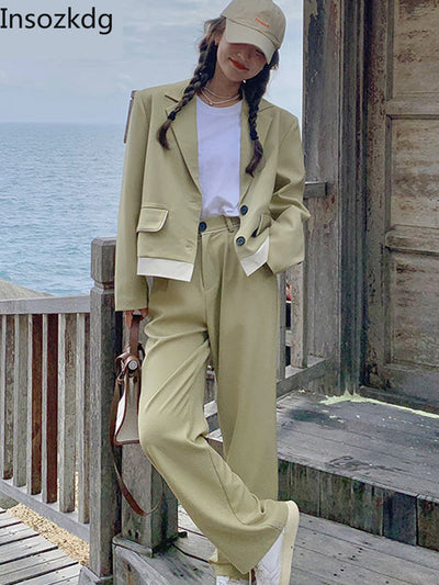 Lnsozkdg Elegant Korean Blazer+Pants Suits 2 Piece Set Women Long Sleeve Short Jacket Coat Wide Leg Trousers 2022 Spring Autumn