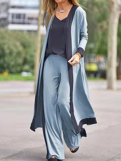 Spring Patchwork 3 Pieces Women Sets Sexy V Neck Vest Top+Long Cardigan+Wide Leg Pants Homewear Suit Autumn Loose Office Outfits