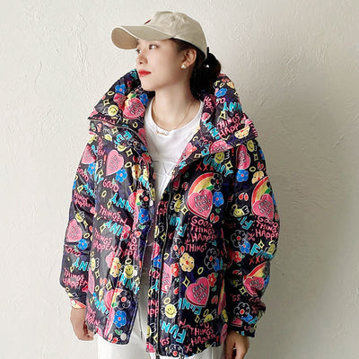 Women's down jacket graffiti white duck down 2021 new short style loose print hooded coat Korean winter wear fashion style