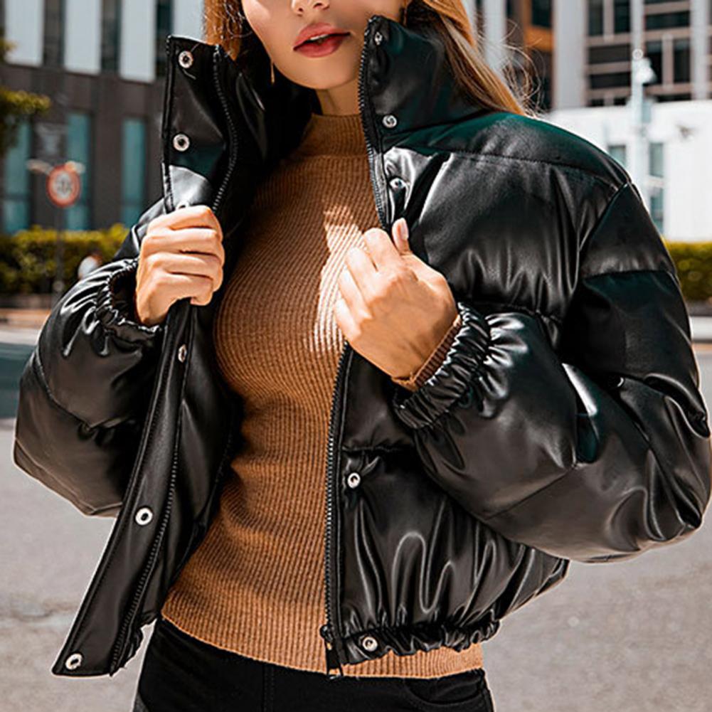 Autumn Winter Short Jacket Women Faux Leather Coat Solid Color Stand Collar Warm Short Coat for Daily Wear Women Leather Coat