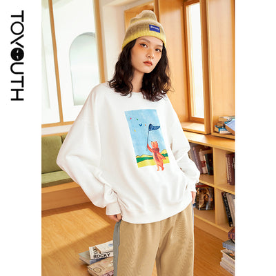 Toyouth Women Sweatshirts 2021 Winter Long Sleeve O Neck Loose Hoodies Bear Print Cotton Lined Casual Chic Cute Pullovers
