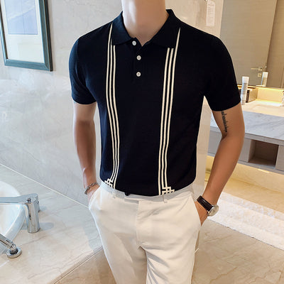 2021 summer new business short-sleeved polo shirt men&#39;s slim Korean version of the trend British knitted lapel high-end shirt