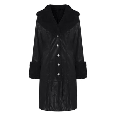 Mandylandy Solid Polo Collar Leather Trench Long Fur Collar Loose Autumn Long Sleeve Coats Outwear Zipper Jacket PU Leather Coat