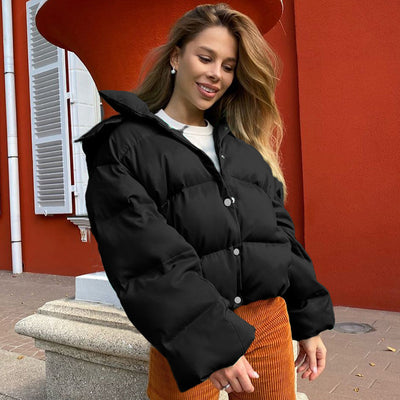 Women's Autumn and Winter Fashion Simple ButtonPadded Jacket Women's New Temperament Short Padded Jacket Solid Color Jacket