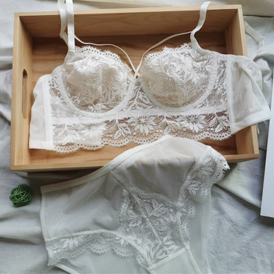 Ultra-thin Transparent Lingerie with Panty Large Size Lace Beautiful Back Underwear Women&#39;s Big Bra with Steel Ring Bralette Set